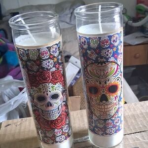 YOU GET  BOTH.Decorative Day of the Dead Skull Prayer Candle - Multicolor